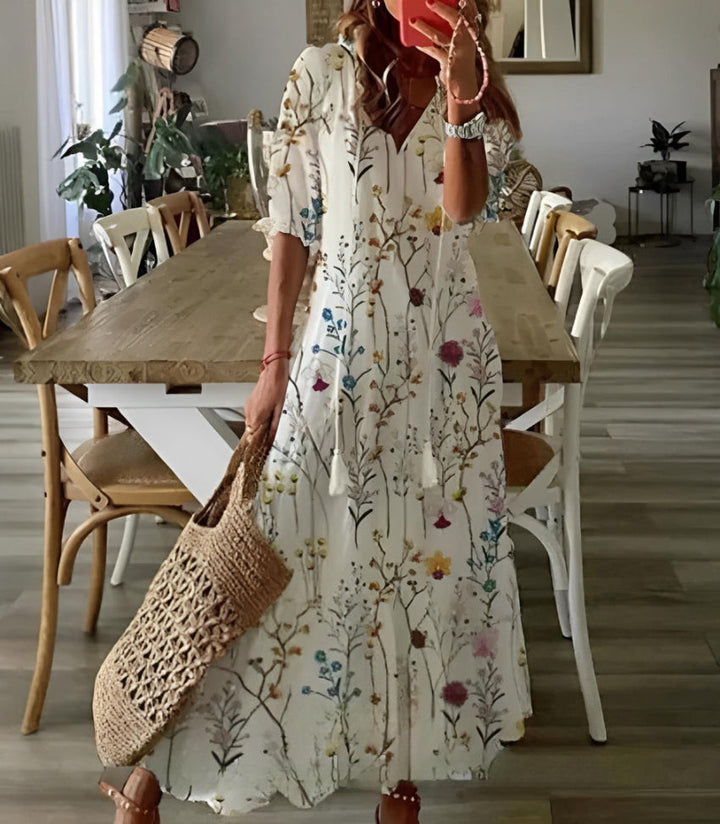 Sylvia – Boho Vintage V-Neck Printed Dress