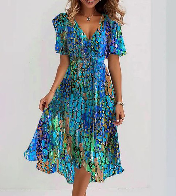 Nadine – Blue Short Sleeve Midi Dress