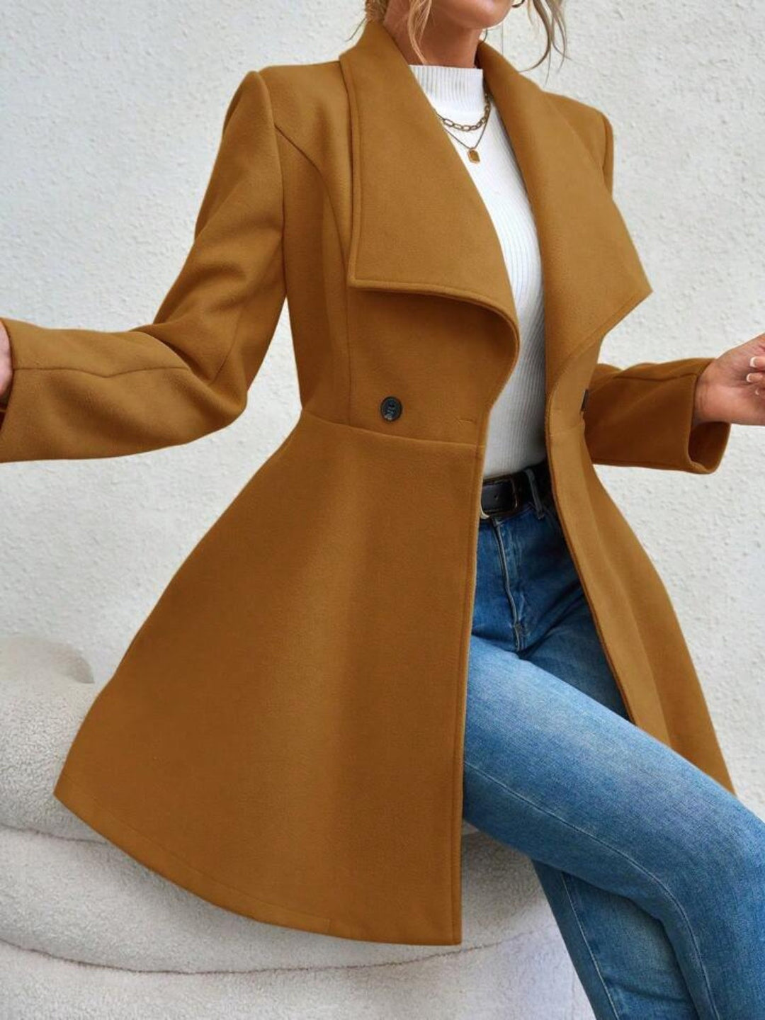 Monique – Collared Neck Button-Up Long Sleeve Coat