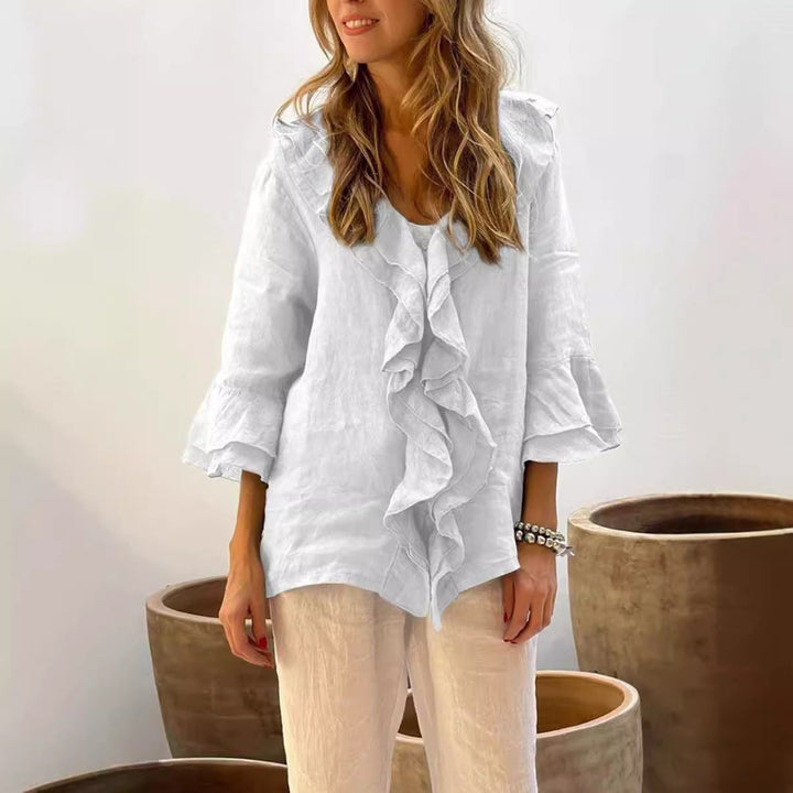 Lorraine – Ruffled V-Neck Button Cardigan