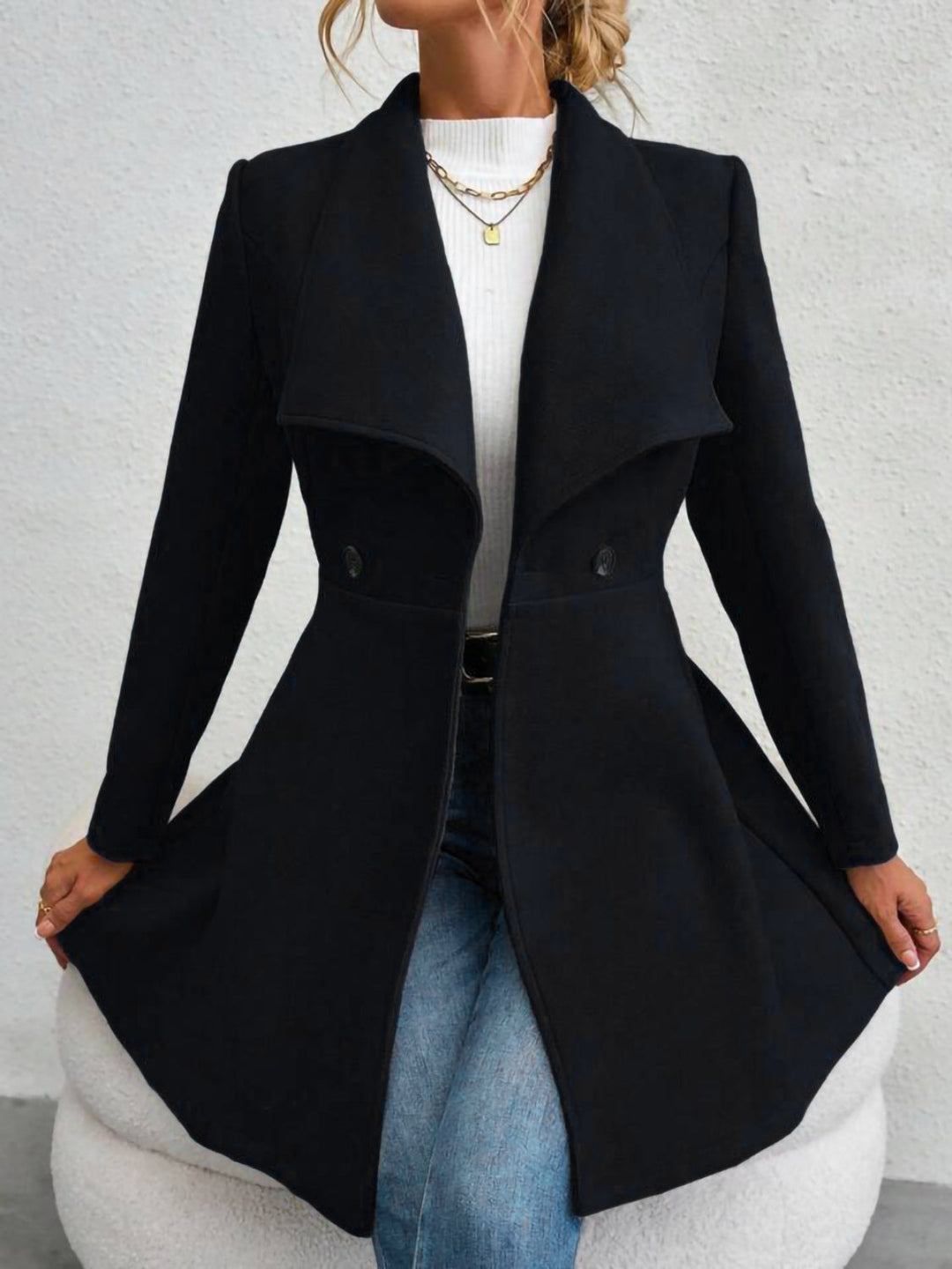 Monique – Collared Neck Button-Up Long Sleeve Coat