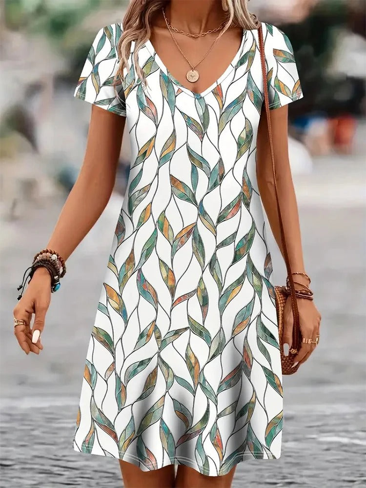 Sharon – V-Neck Leaf Print Dress