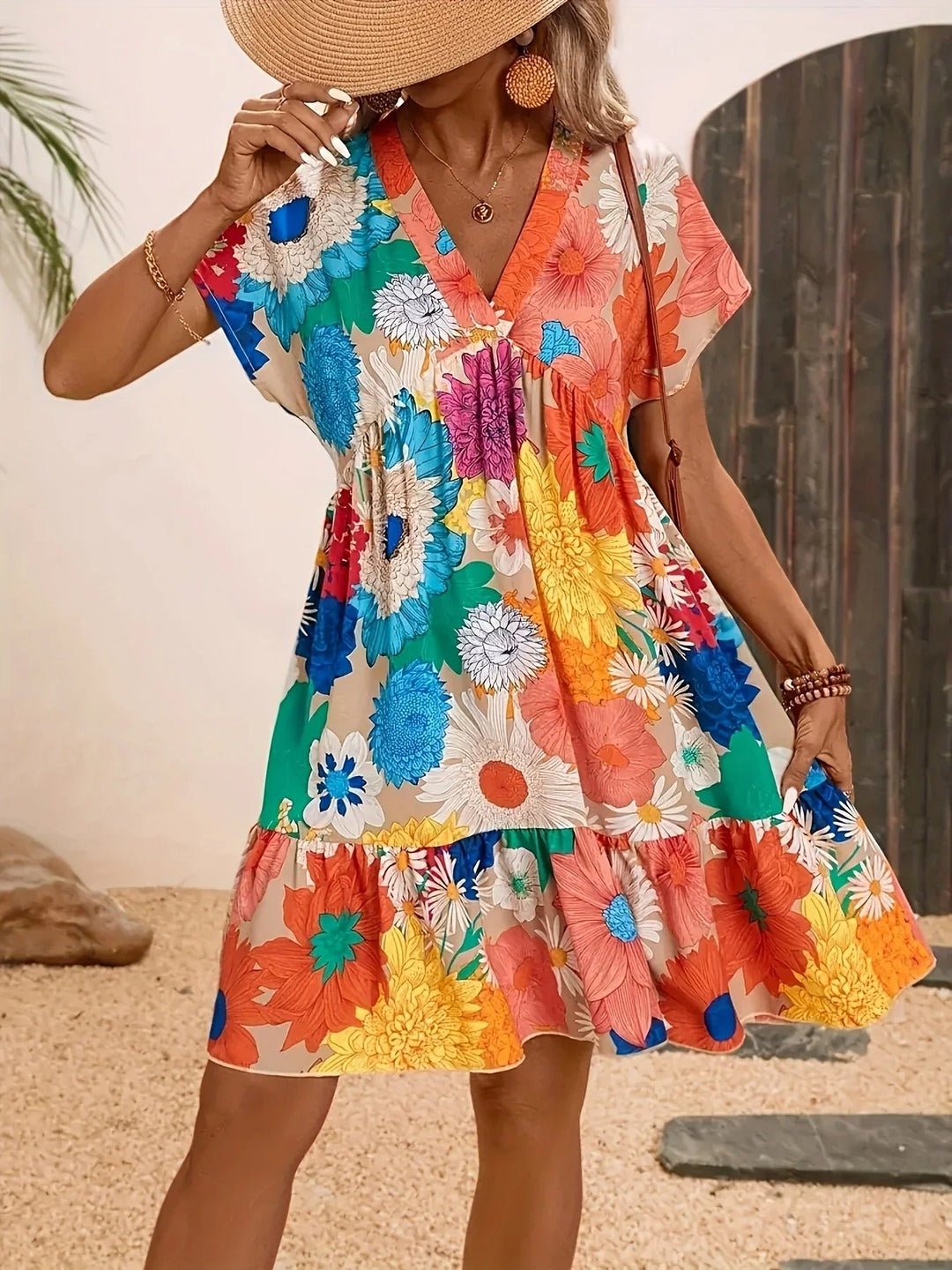 Jolene – Colorful Floral V-Neck Dress
