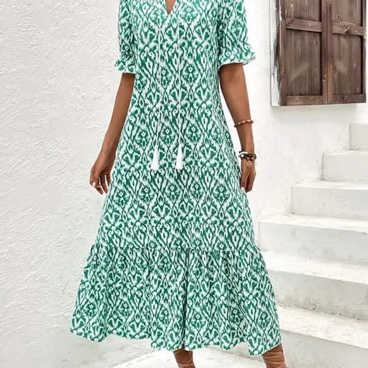 Fiona – Boho Print Tassel Maxi Dress