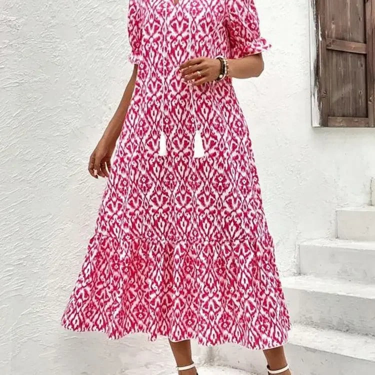 Fiona – Boho Print Tassel Maxi Dress