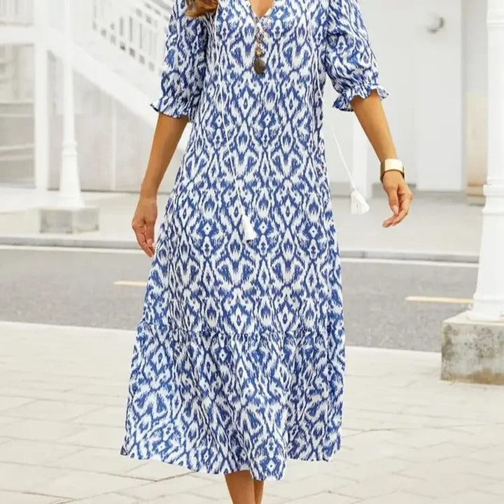 Fiona – Boho Print Tassel Maxi Dress
