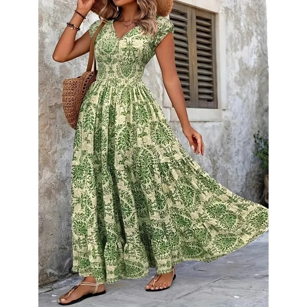 Lorena – Vintage Print Ruffle Maxi Dress