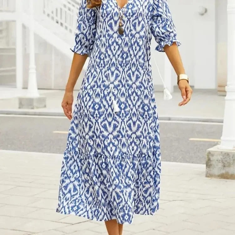 Fiona – Boho Print Tassel Maxi Dress