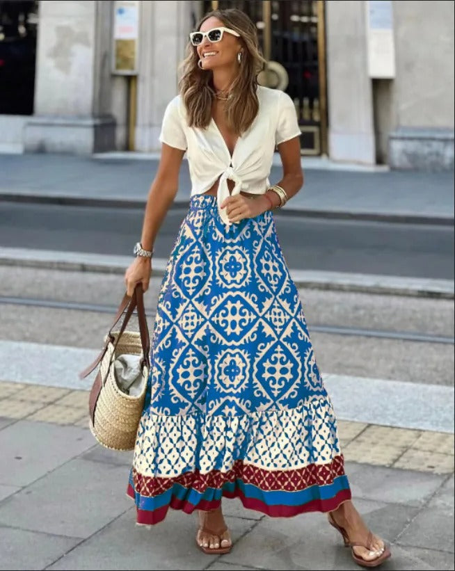 Estella – Boho Geometric Maxi Skirt Set