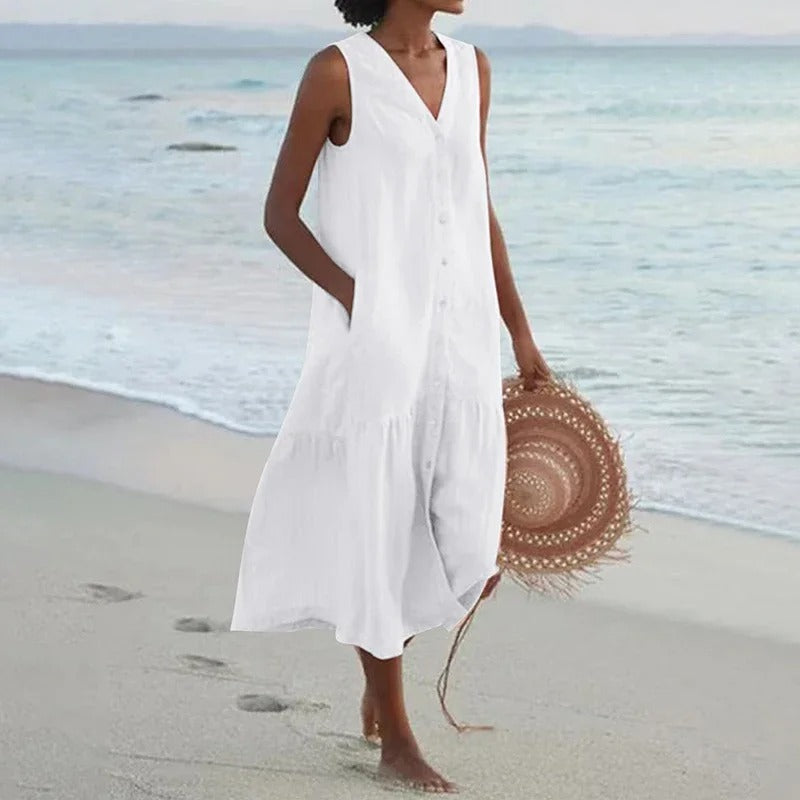 Tammy – Sleeveless Buttoned Beach Dress